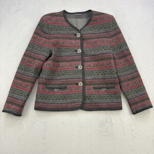 Vintage Landhaus Cardigan Womens Medium Gray Red Virgin Wool Padded Snowflake